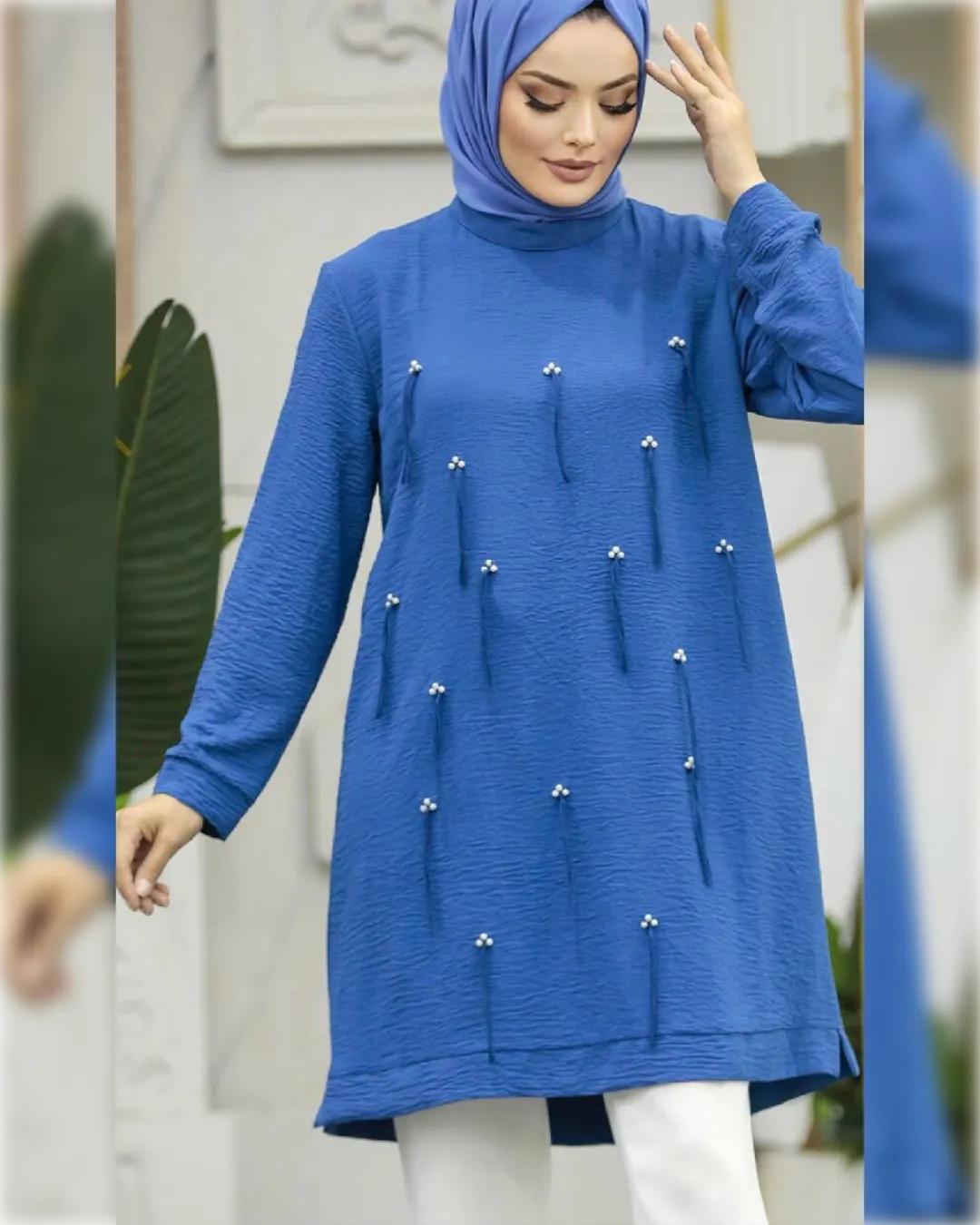 Ahlam Chic Aerobin - Knee Length Tunic in Blue Shade سترة أحلام الأنيقة الطويلة من قماش الأيروبين باللون الأزرق الجميل