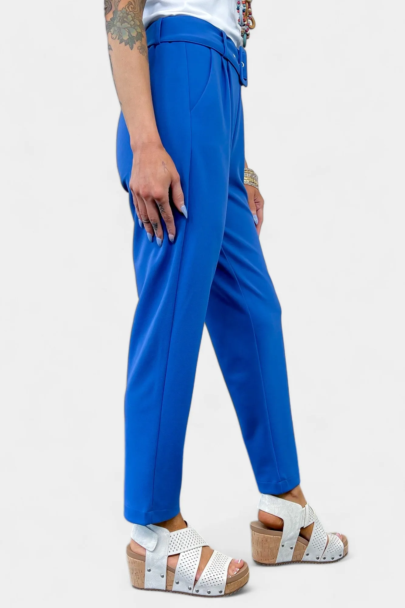 Blue Belted Stretch Pants