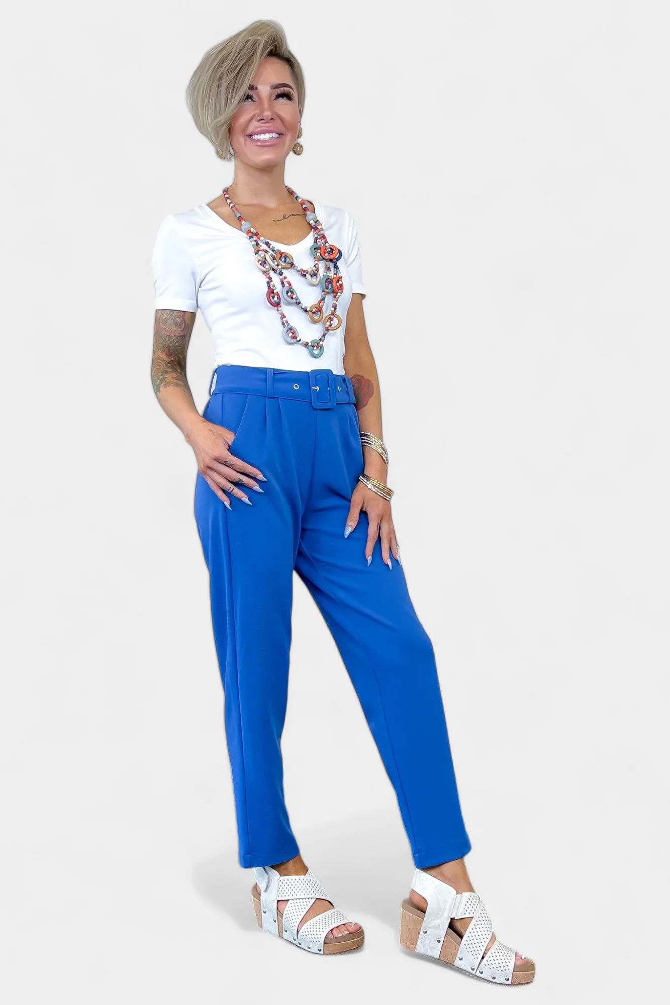 Blue Belted Stretch Pants