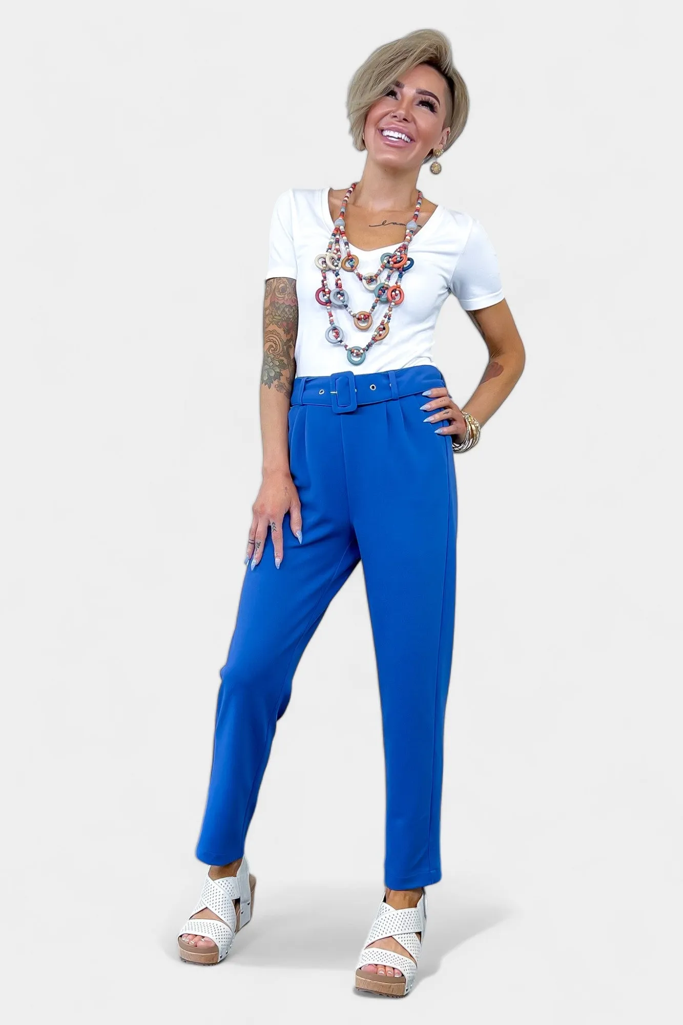 Blue Belted Stretch Pants