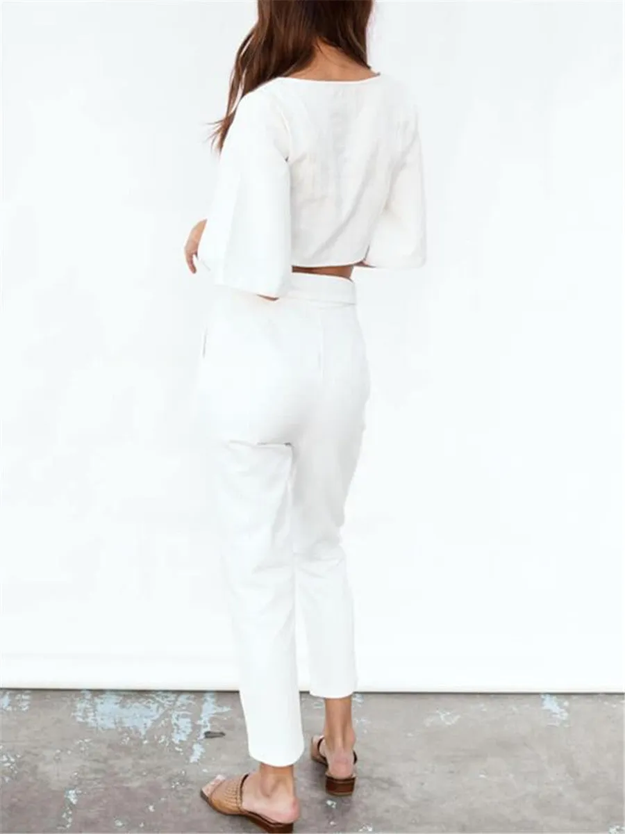 Casual Comfortable V Neck Single Breasted Top Pants Suits