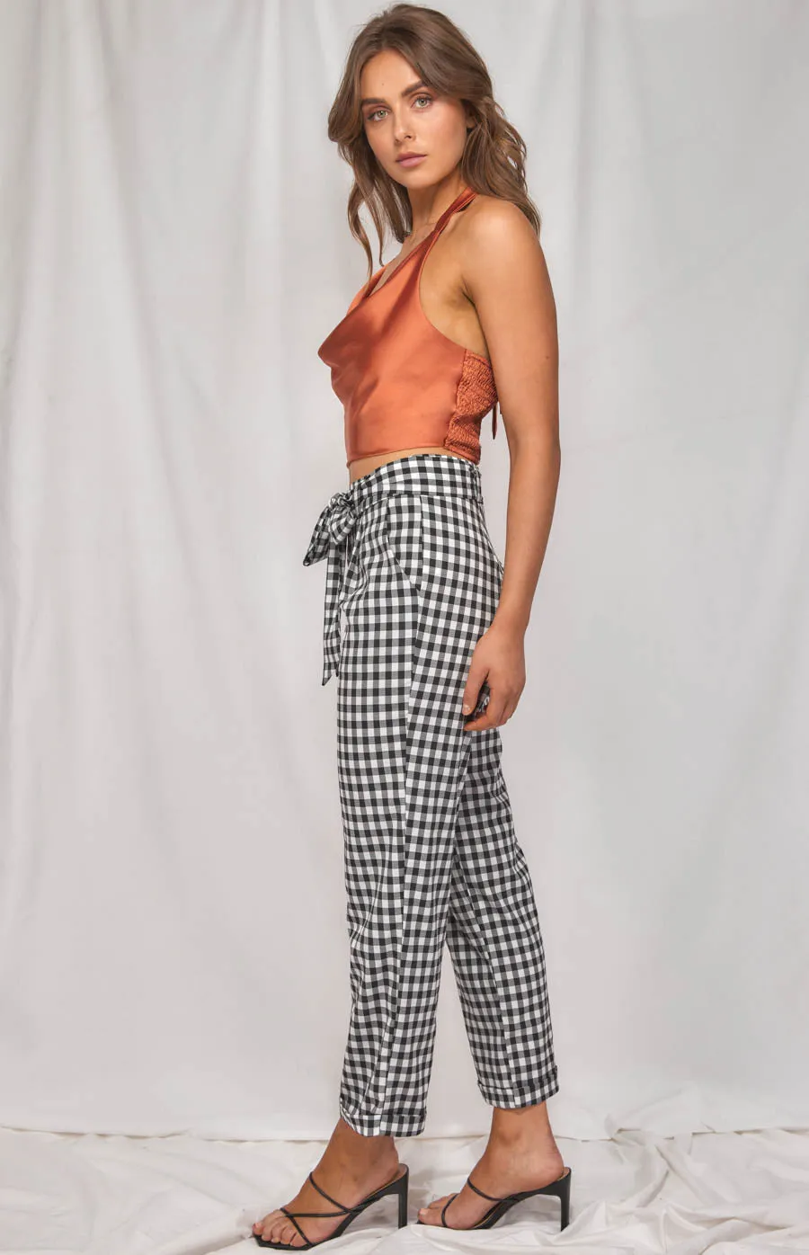 Checkered Cigarette Pants With Tie