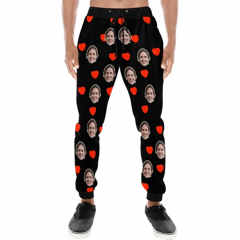 Custom Face Love Pattern Black Sweatpants Couple Matching Personalized Casual Sweatpants