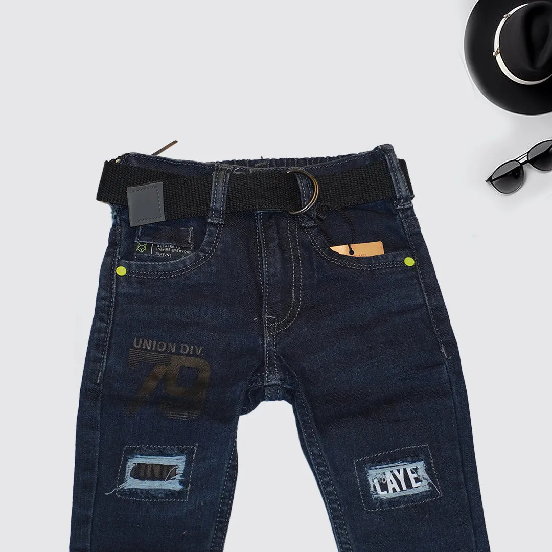 Dark Blue Ripped and Printed Jean for Boys