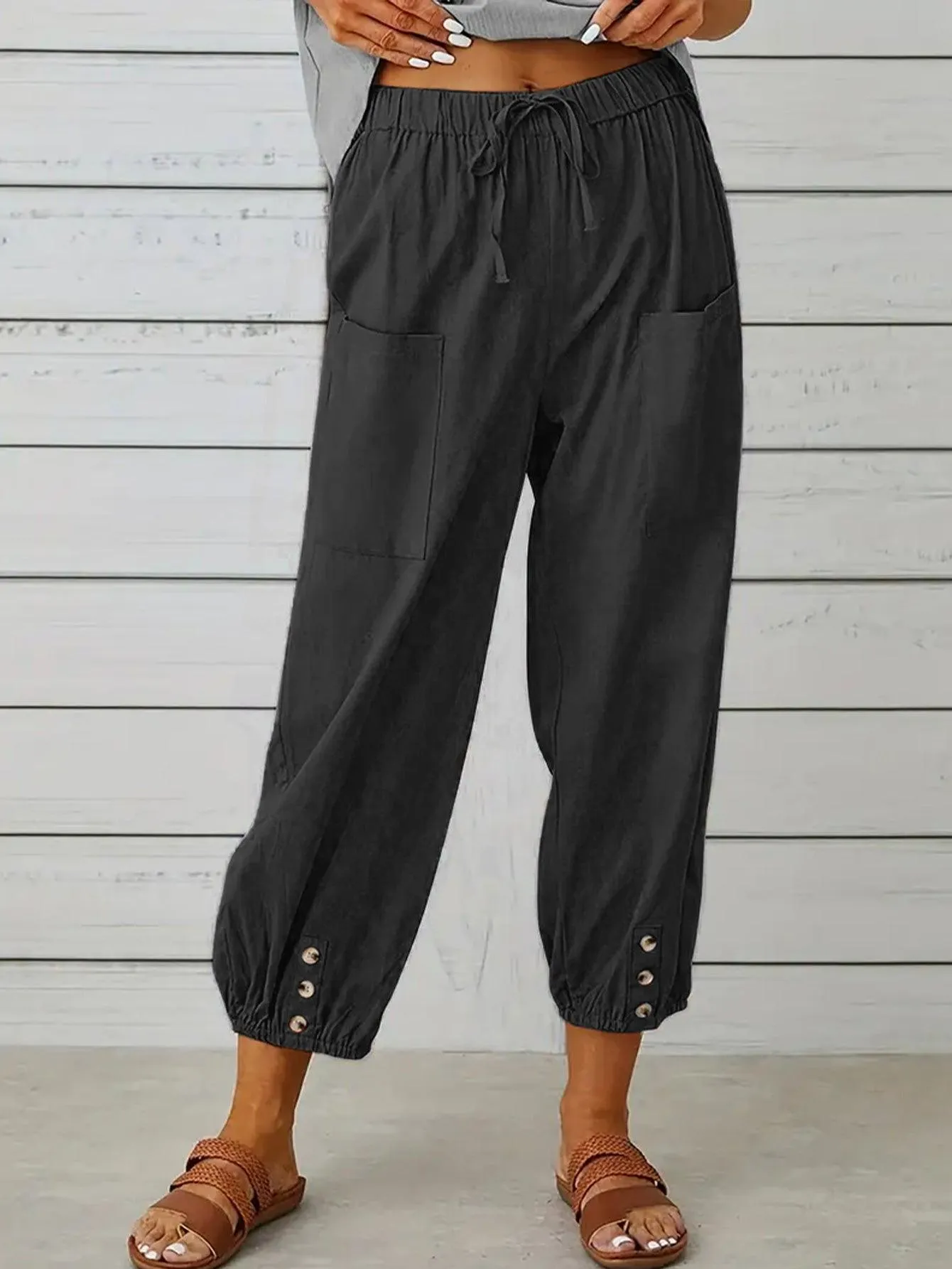 Decorative Button Cropped Pants