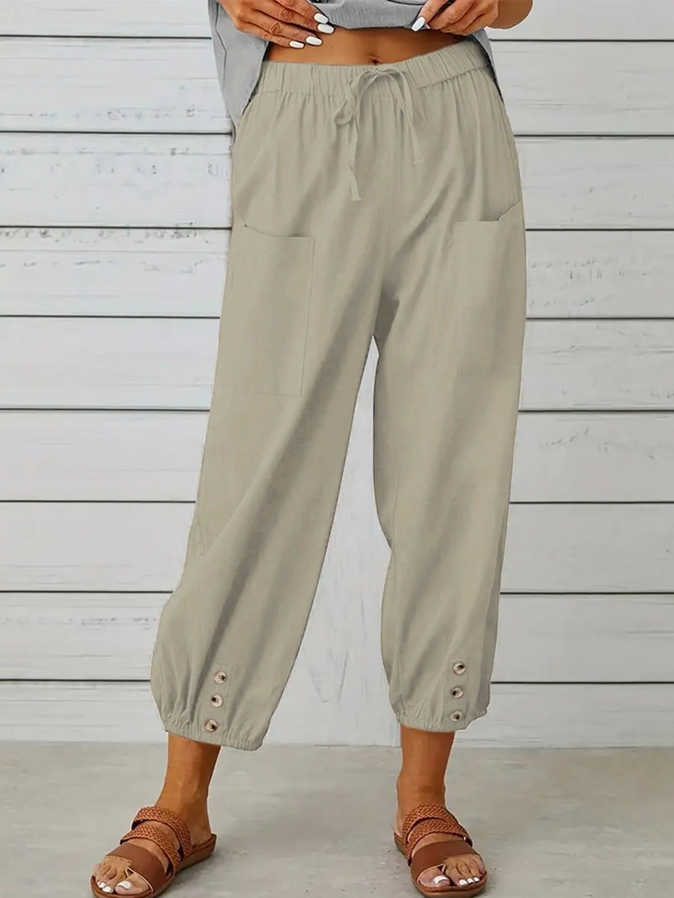 Decorative Button Cropped Pants