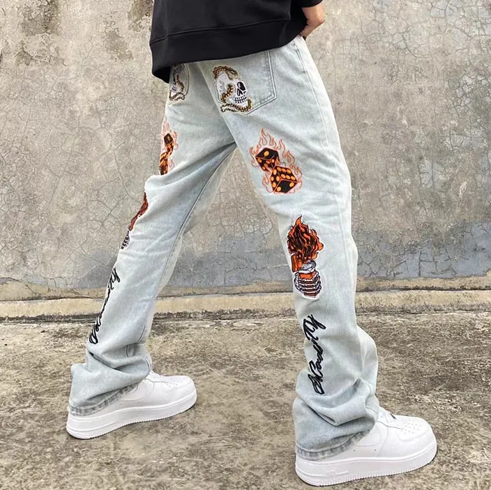 High Street Hip Hop Embroidered Denim Trendy Stretch Bootcut Pants