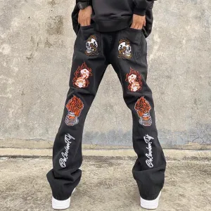 High Street Hip Hop Embroidered Denim Trendy Stretch Bootcut Pants