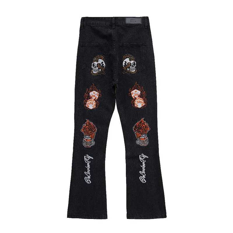 High Street Hip Hop Embroidered Denim Trendy Stretch Bootcut Pants