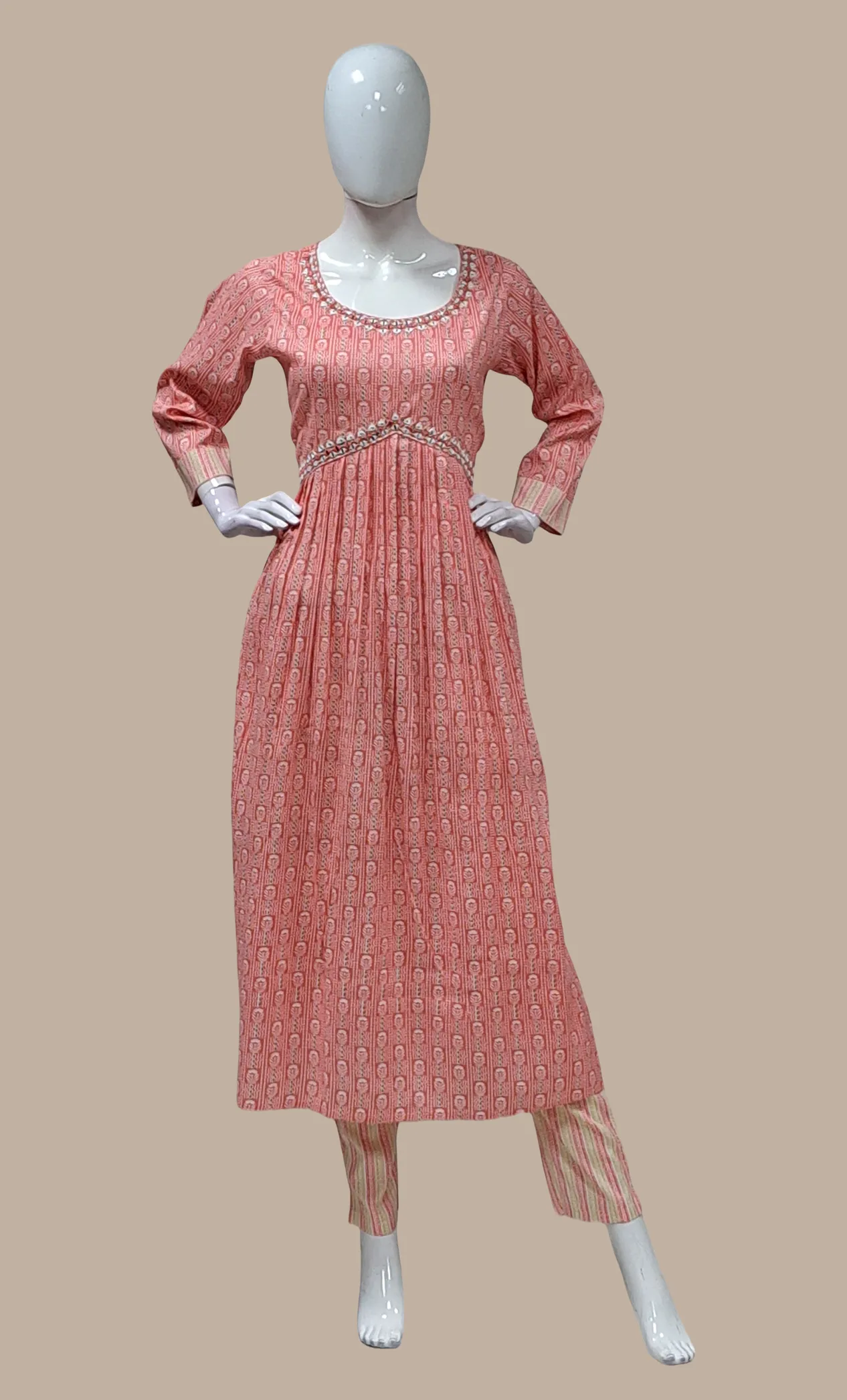 Light Peach Printed Kurti Top & Pants