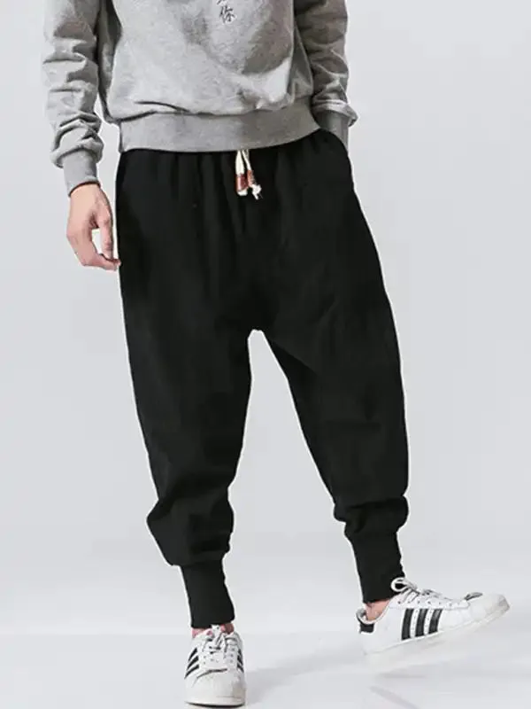 Linen Pants Men’s Hip Hop Breathable Cotton Linen Trousers Solid Color Bloomers Casual Pants