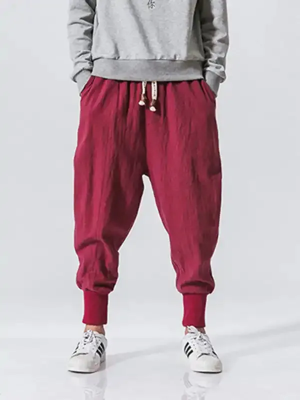 Linen Pants Men’s Hip Hop Breathable Cotton Linen Trousers Solid Color Bloomers Casual Pants