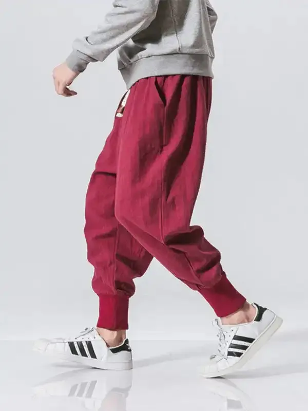 Linen Pants Men’s Hip Hop Breathable Cotton Linen Trousers Solid Color Bloomers Casual Pants