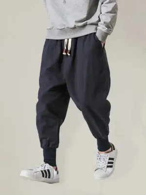 Linen Pants Men’s Hip Hop Breathable Cotton Linen Trousers Solid Color Bloomers Casual Pants