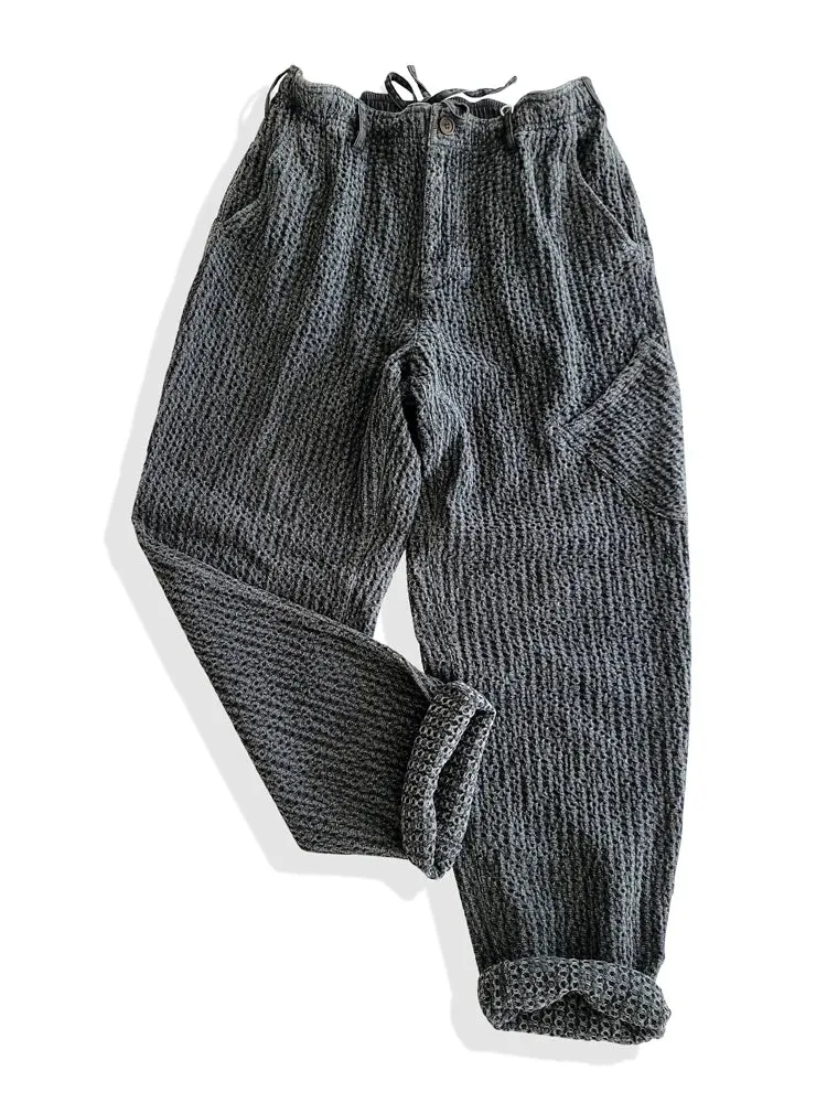 Men's Grey Tapered Pants Sashiko Japanese Style Casual Trousers