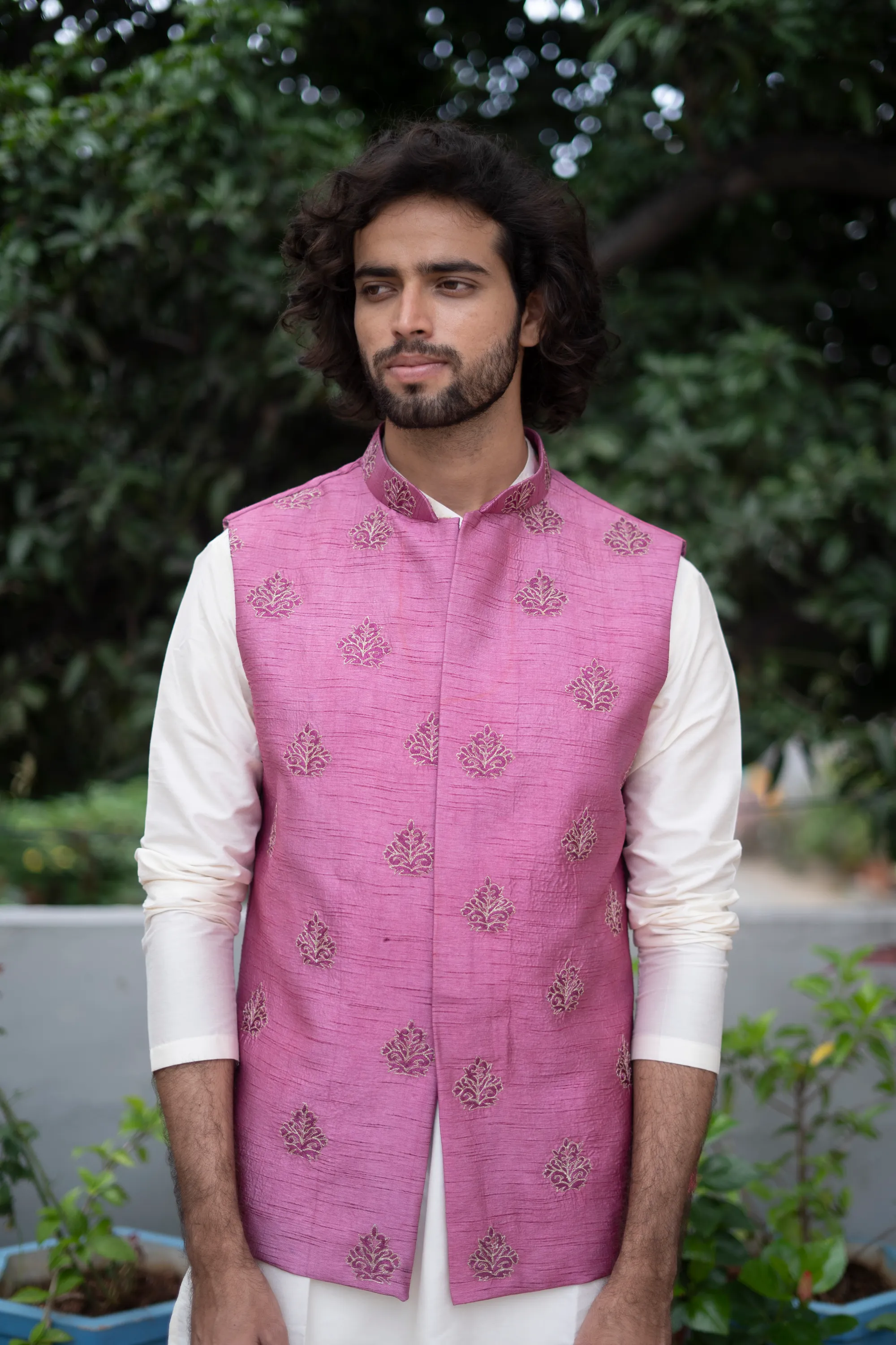 Men's Mauve Color Jacket With Kurta Pant Set - Hilo Design