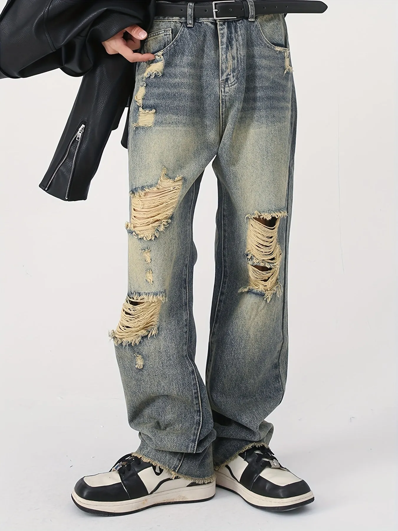 Mens Retro Style Distressed Loose Fit Straight Leg Jeans - High Street Fashion, Washed, Yellowed, Scraped, and Torn Details - Comfortable, Relaxed Pant for Casual Wear