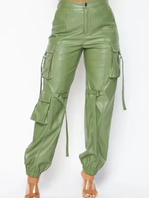 Olive Serendipity Vegan Leather Cargo Pocket Jogger Pants