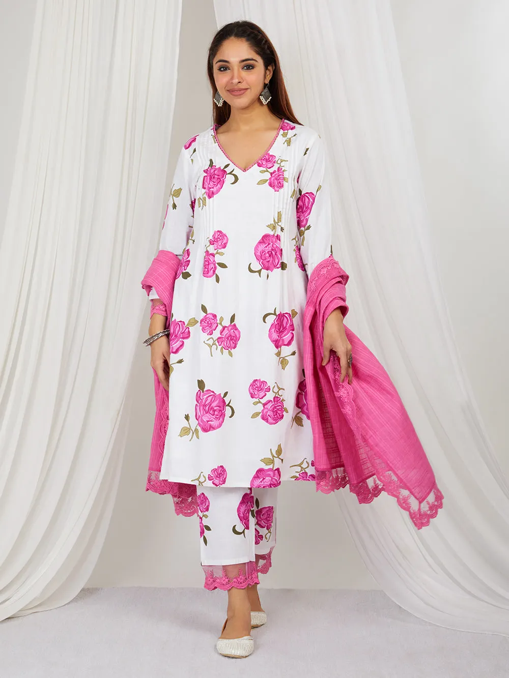 Pink  Hand Block Printed Cotton Suit - Set of 3