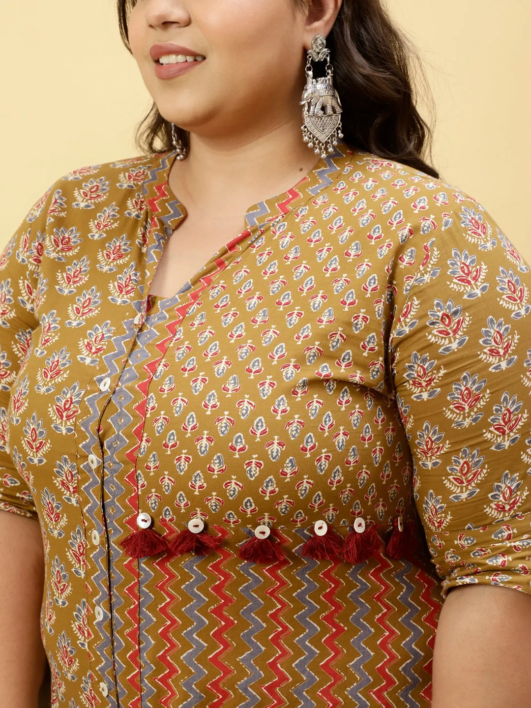 Plus Size Brown Ethnic Printed Straight Kurta With Pants