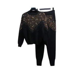 Pre Order:  Rhinestones Pearl Beaded Knit Sweater   Wide Leg Pants