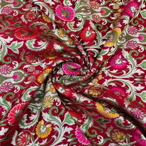 Premium Red Floral Zari Khimkhwab Banarasi Silk Fabric