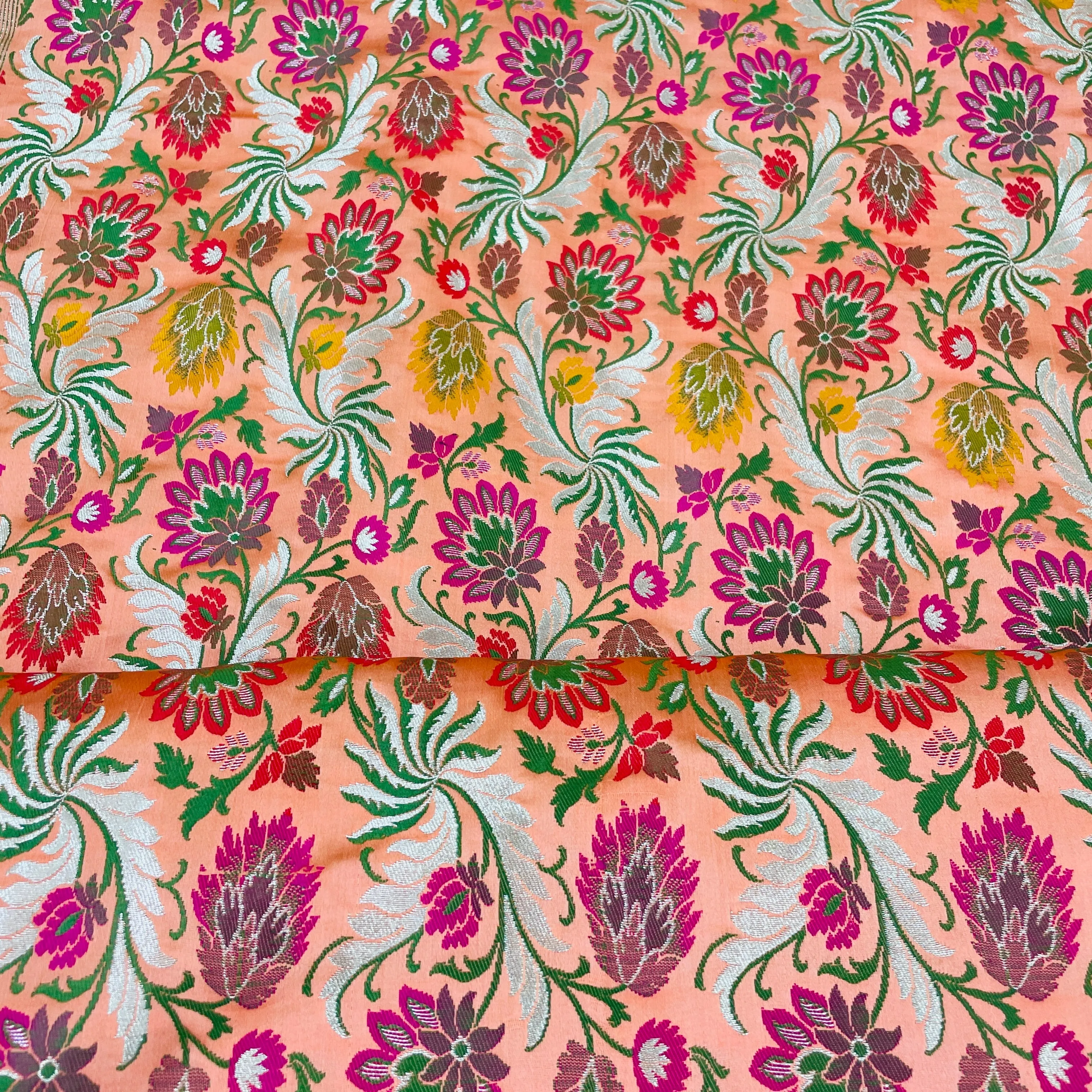 Premium Salmon Pink Floral Zari Khimkhwab Banarasi Silk Fabric