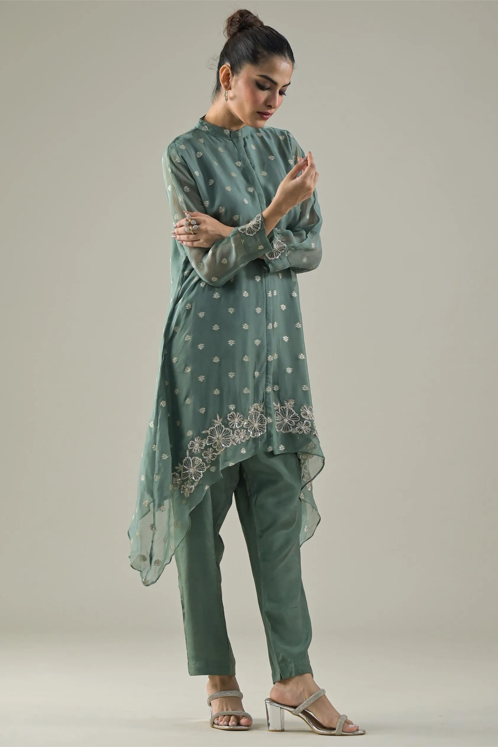 Sage Green Embroidered Tissue Silk Pants Set