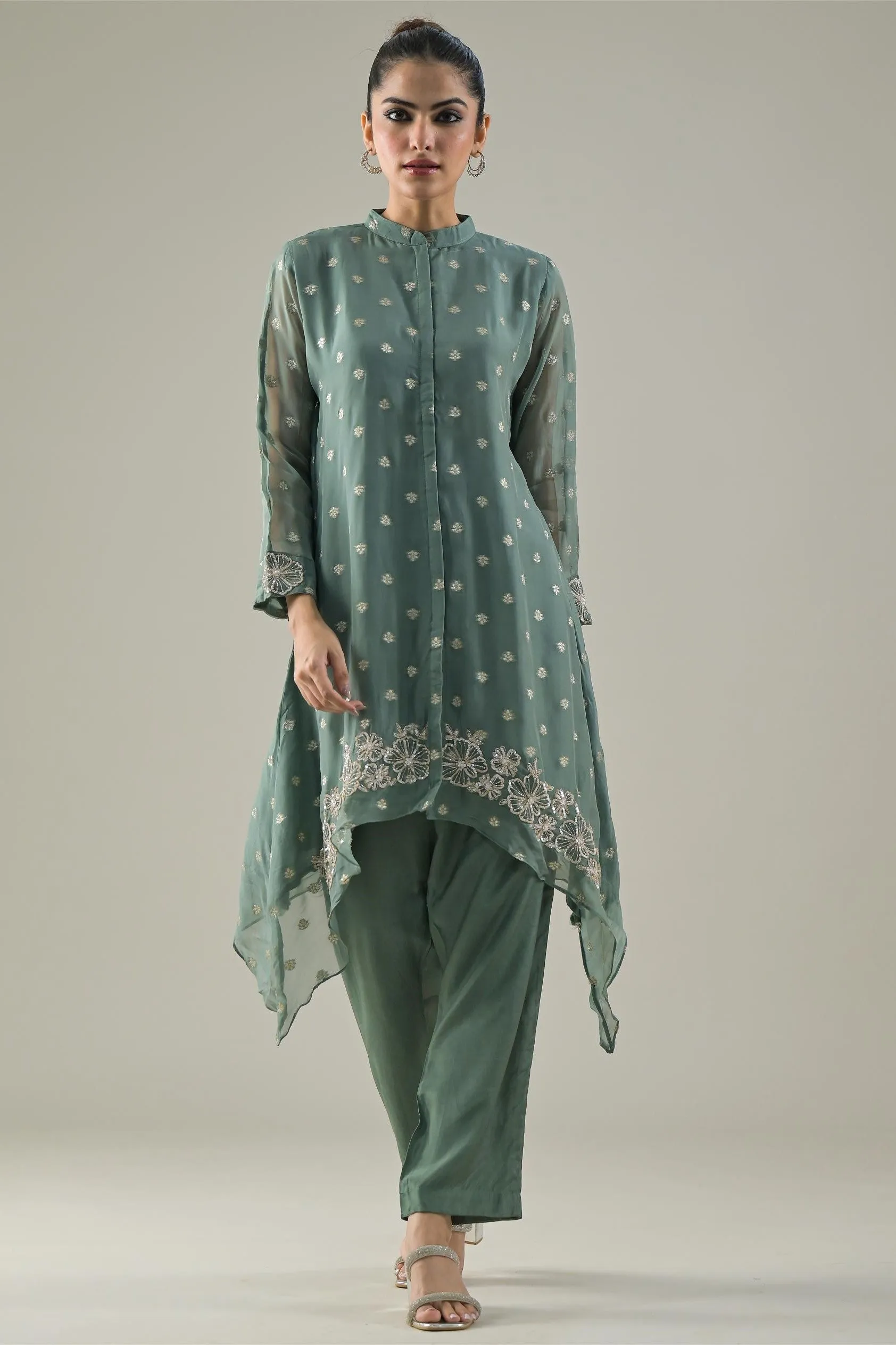 Sage Green Embroidered Tissue Silk Pants Set