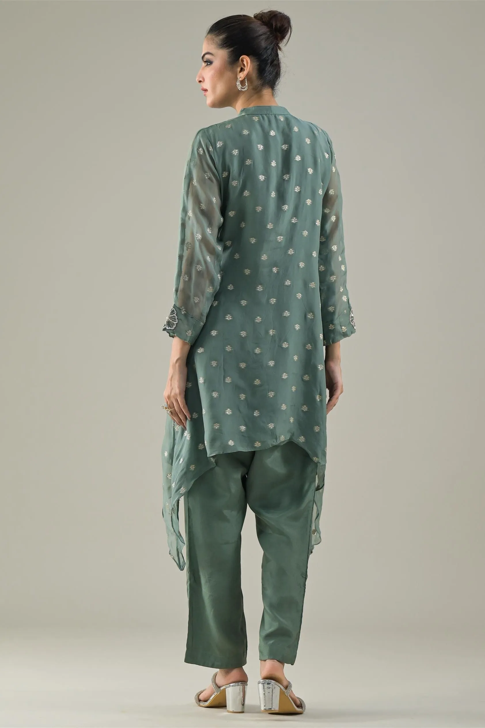 Sage Green Embroidered Tissue Silk Pants Set