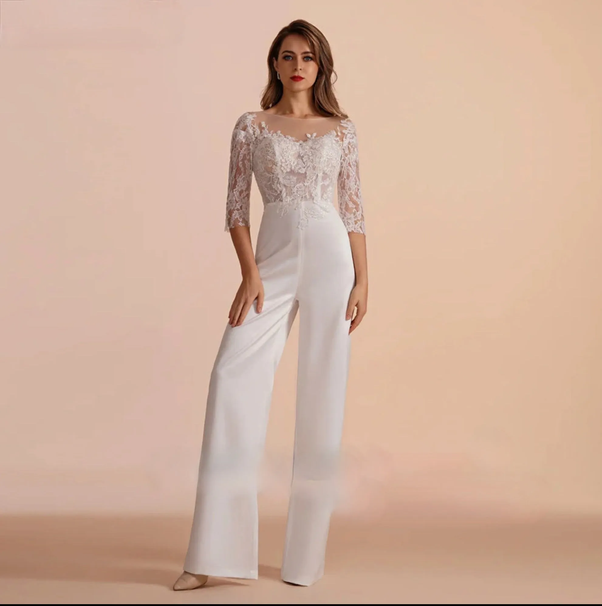 Scoop Half Sleeves Lace Wedding Party Jumpsuit  Gown Long Detachable Skirt