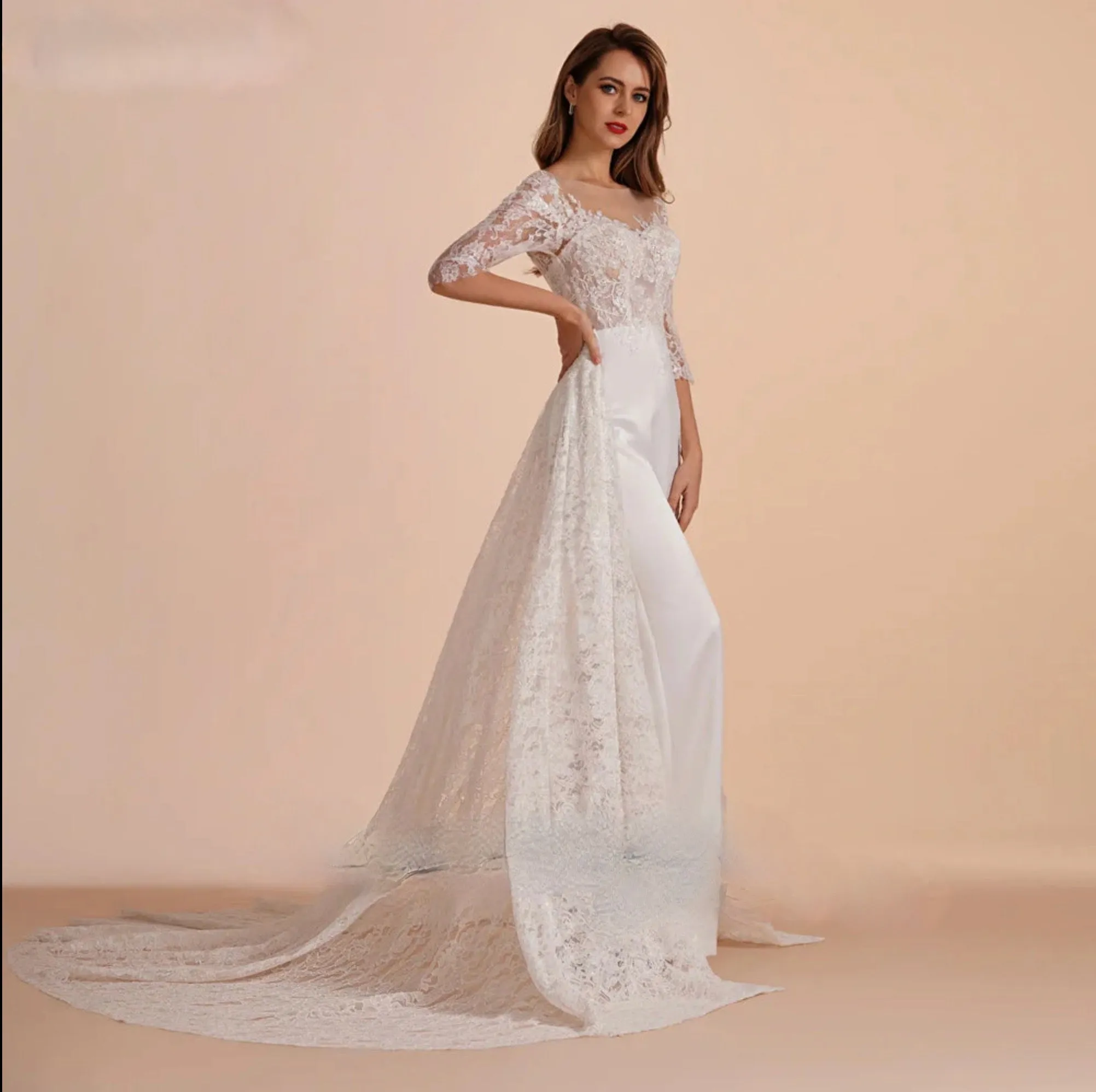 Scoop Half Sleeves Lace Wedding Party Jumpsuit  Gown Long Detachable Skirt