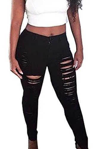 SEXYWG Women Destroyed Boyfriend Jeans Ripped Washed Cuff Denim Trousers