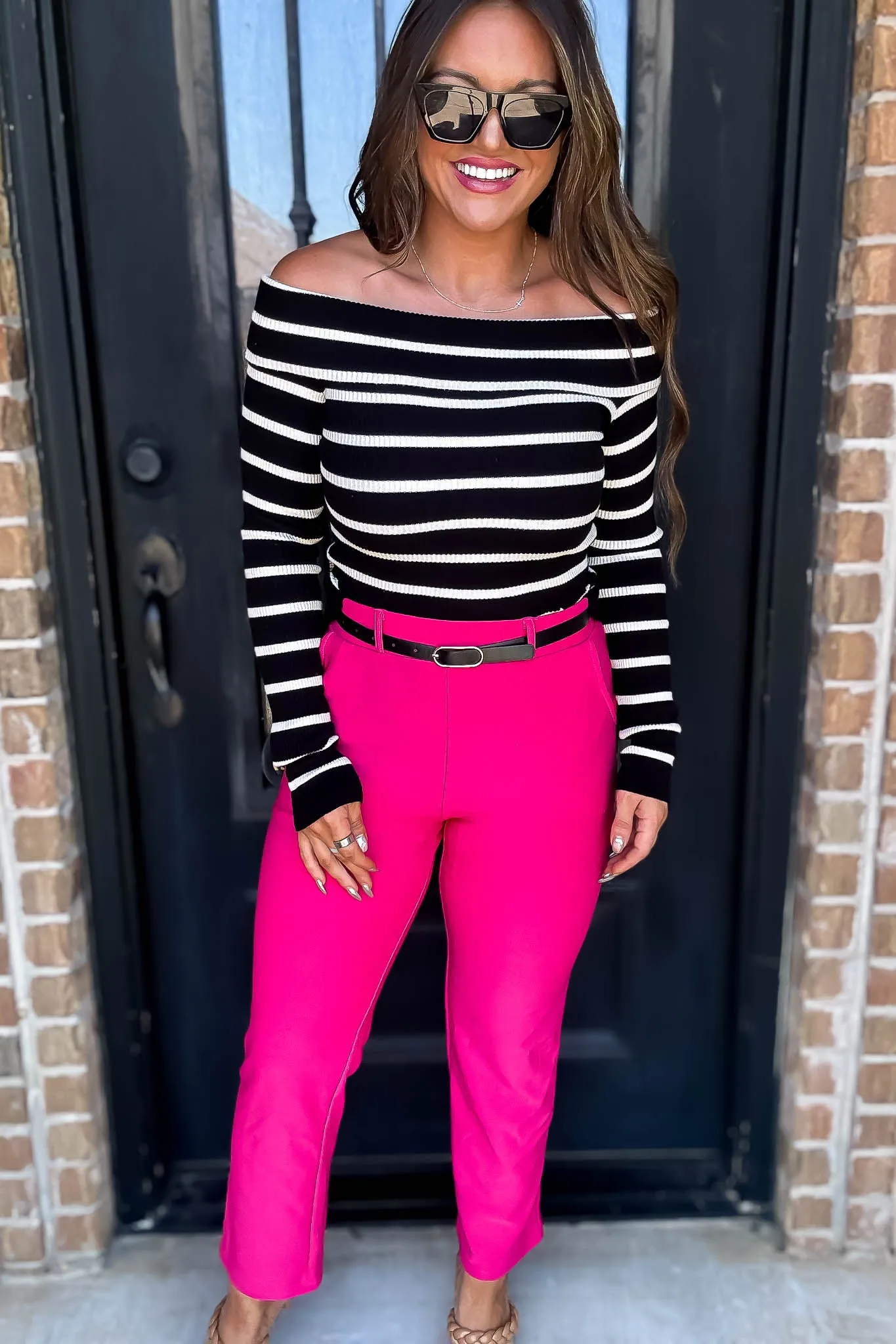 Stretchy Fuchsia Belted Side Pocket Straight Pants