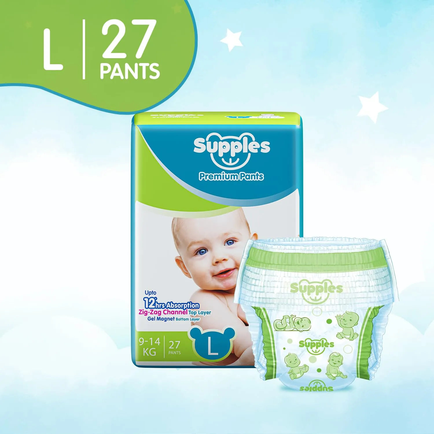 Supples Premium Diapers, Large (L), 27 Count, 9-14 Kg, 12 hrs Absorption Baby Diaper Pants