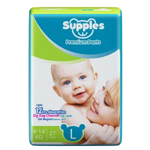 Supples Premium Diapers, Large (L), 27 Count, 9-14 Kg, 12 hrs Absorption Baby Diaper Pants