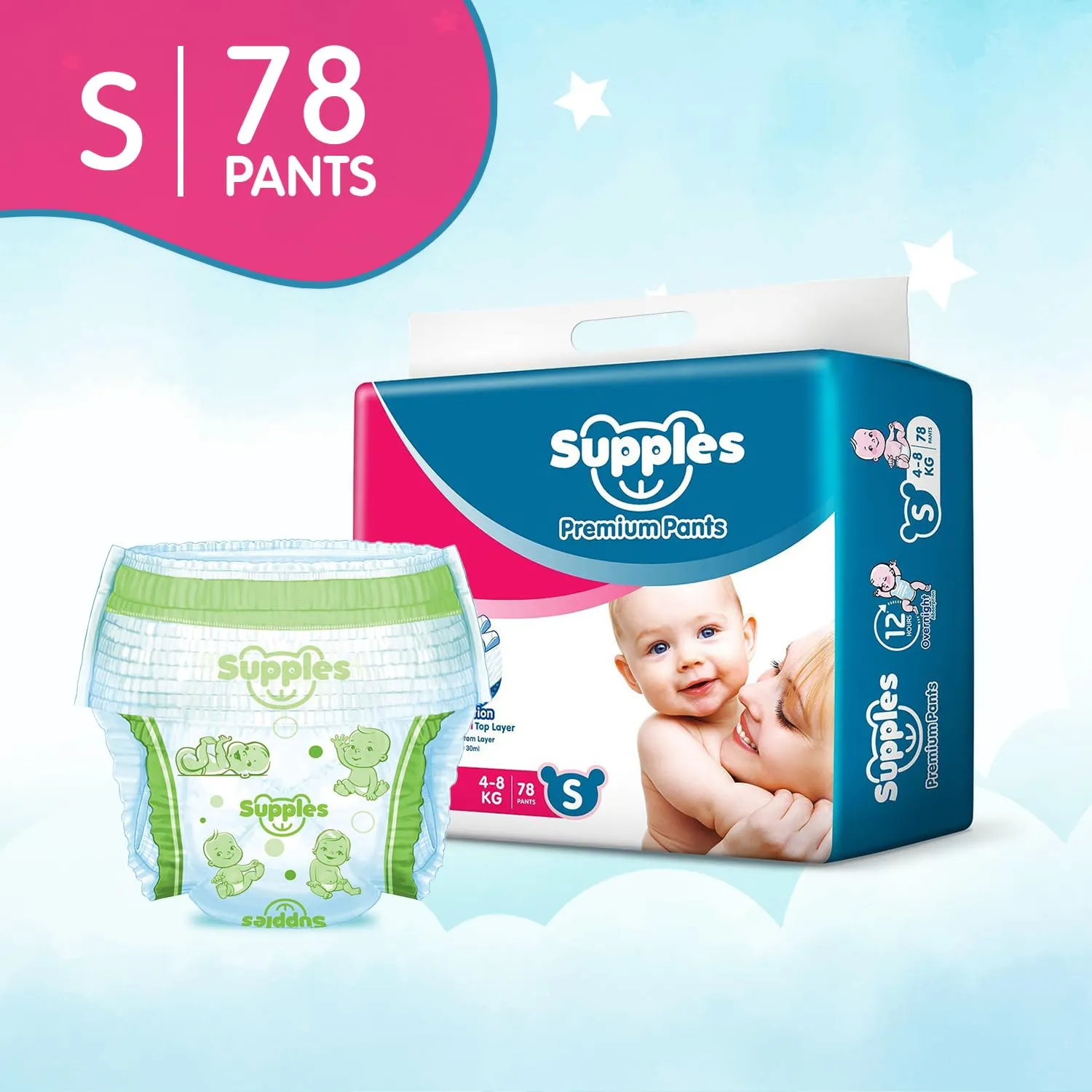 Supples Premium Diapers, Small (S), 78 Count, 4-8 Kg, 12 hrs Absorption Baby Diaper Pants