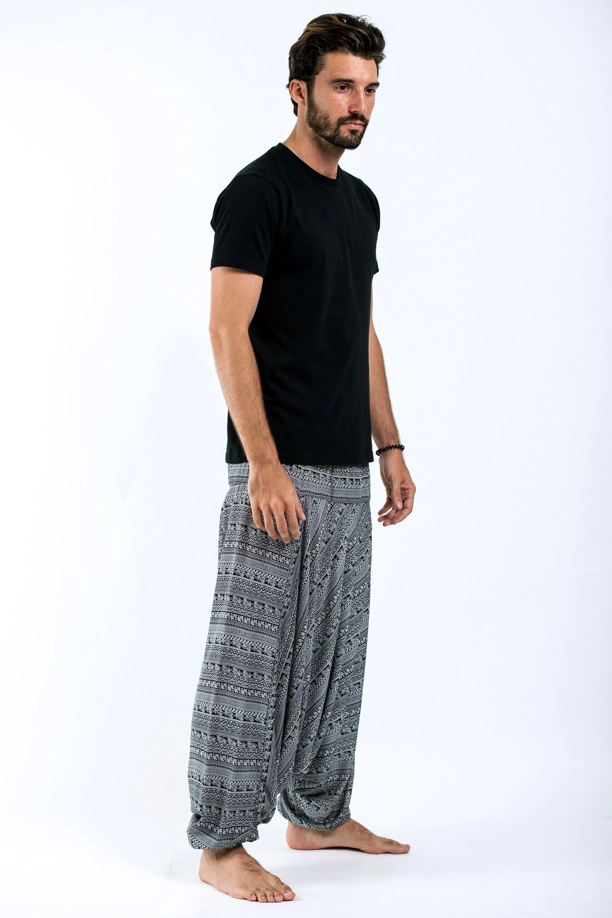 Unisex Aztec Stripes Drop Crotch Jumpsuit Harem Pants in Black