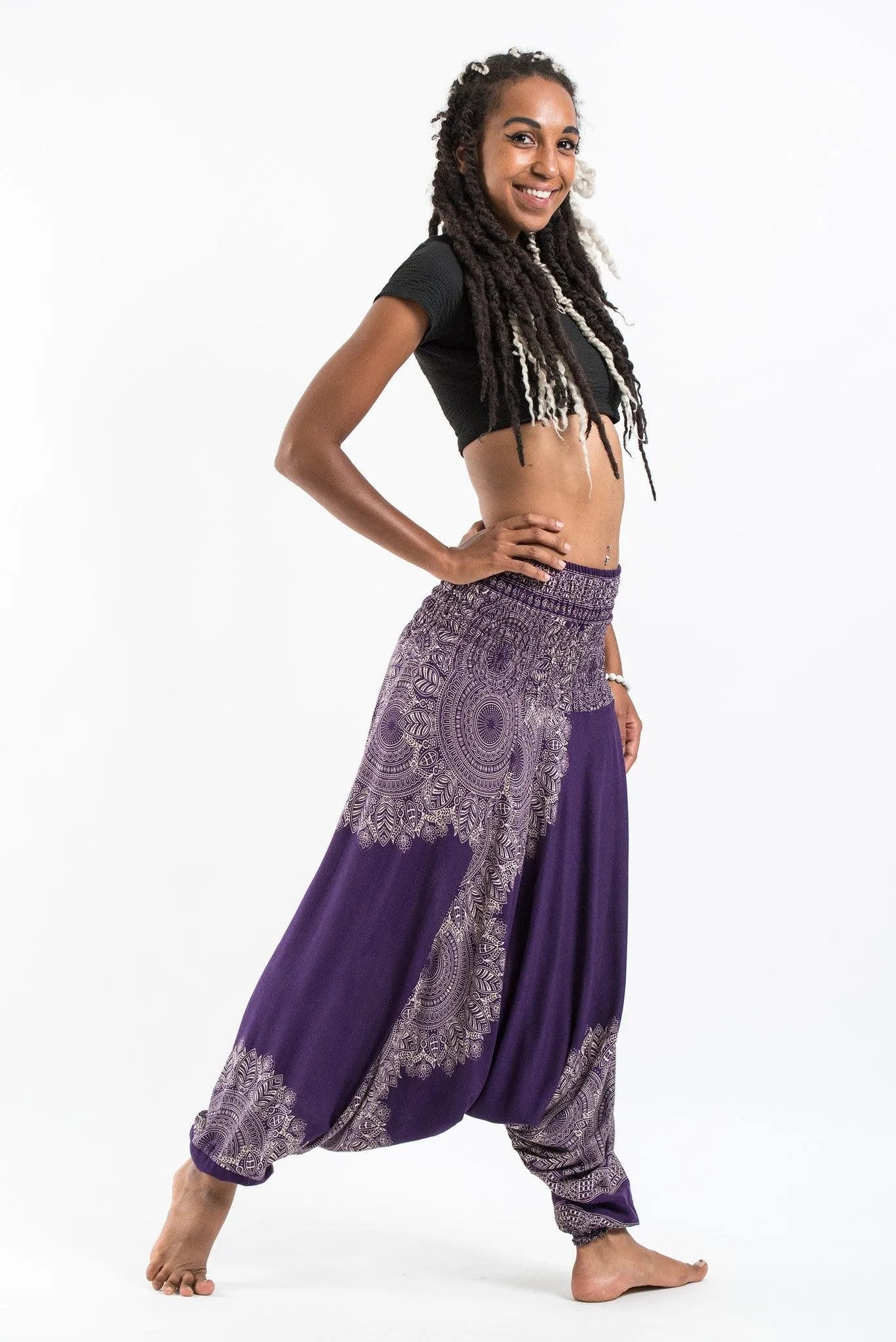 Unisex Floral Mandalas Drop Crotch Jumpsuit Harem Pants in Purple