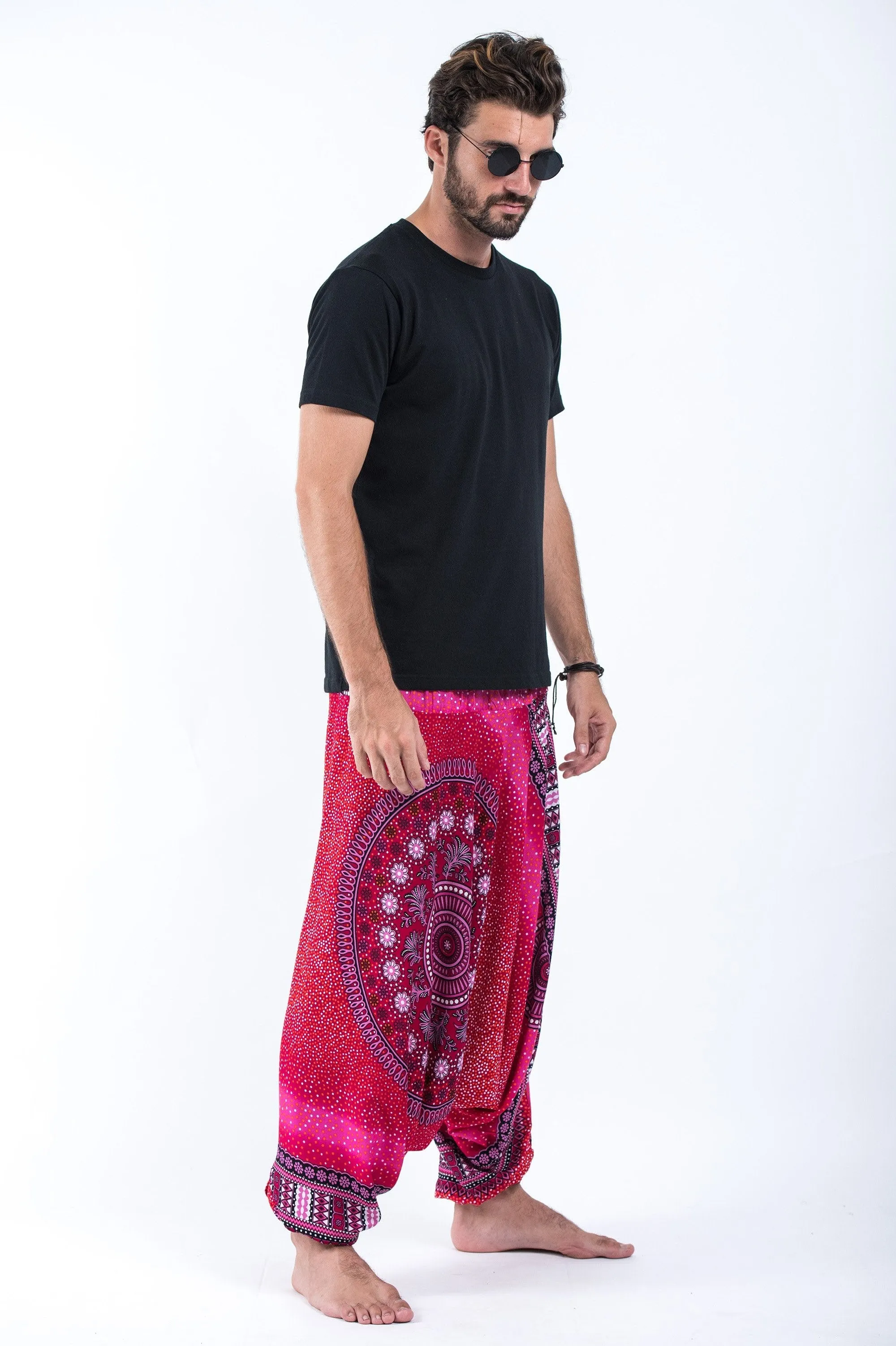 Unisex Tribal Chakras Drop Crotch Drop Crotch Jumpsuit Harem Pants in Pink