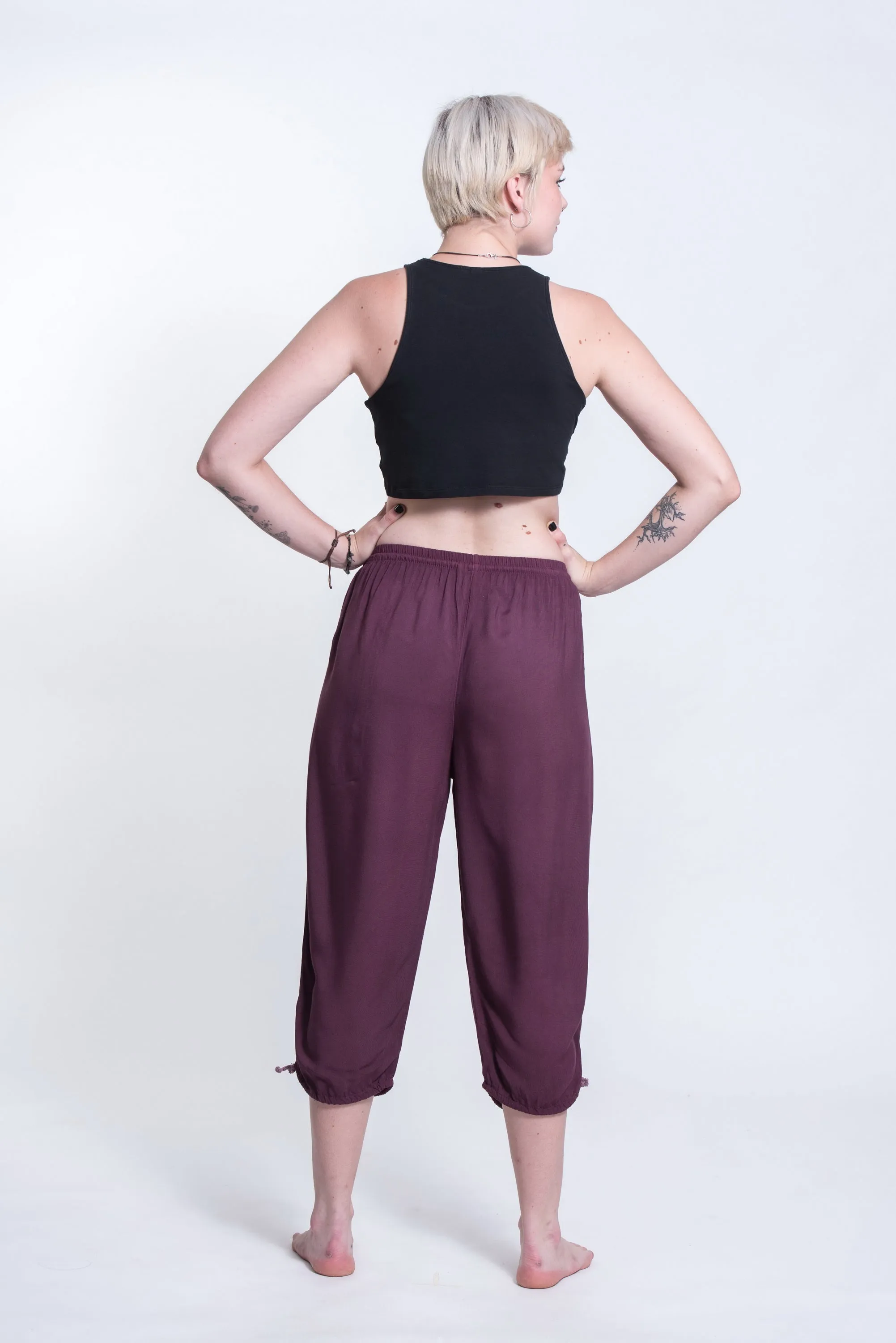 Womens Solid Color Drawstring Cropped Pants in Dark Purple