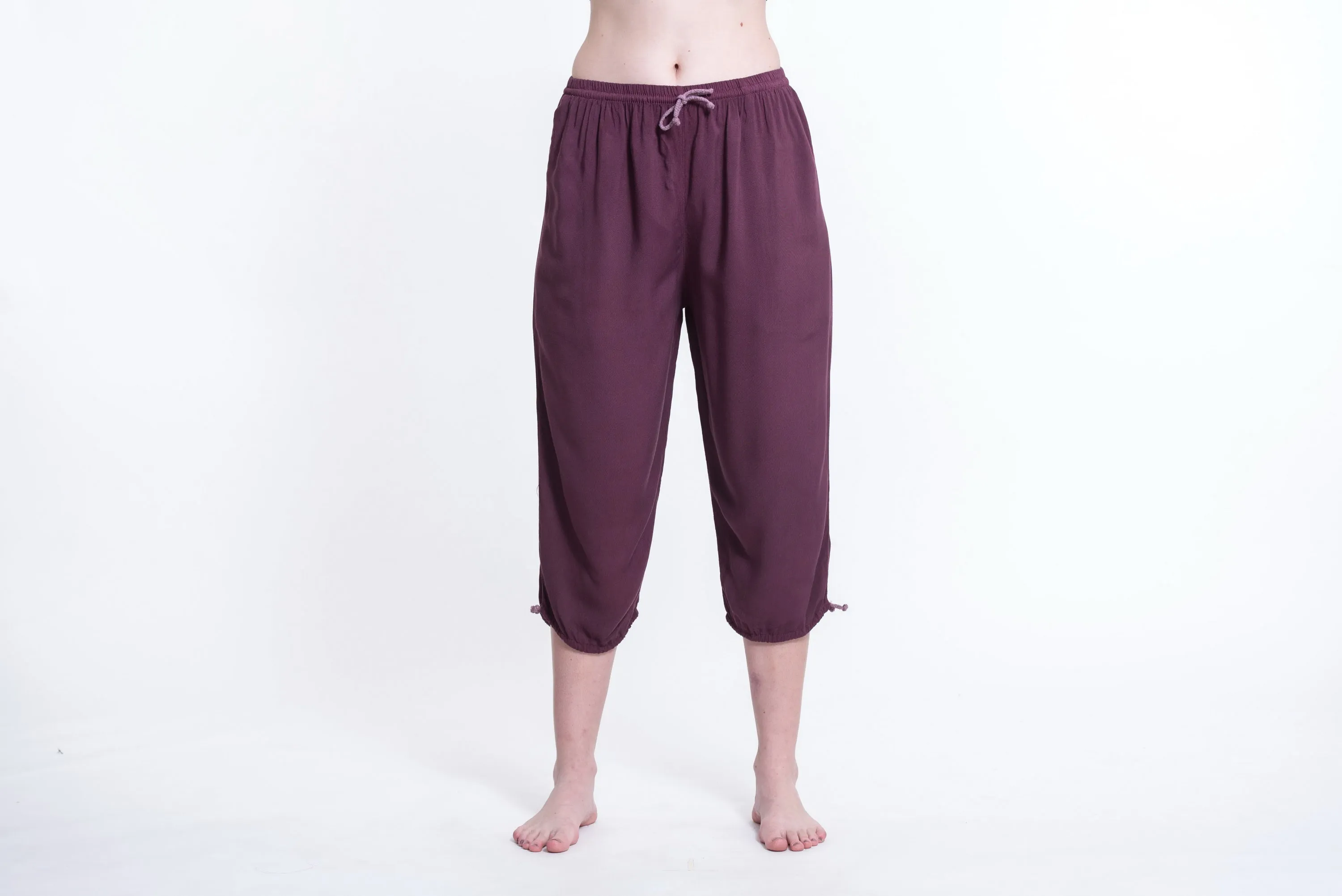 Womens Solid Color Drawstring Cropped Pants in Dark Purple